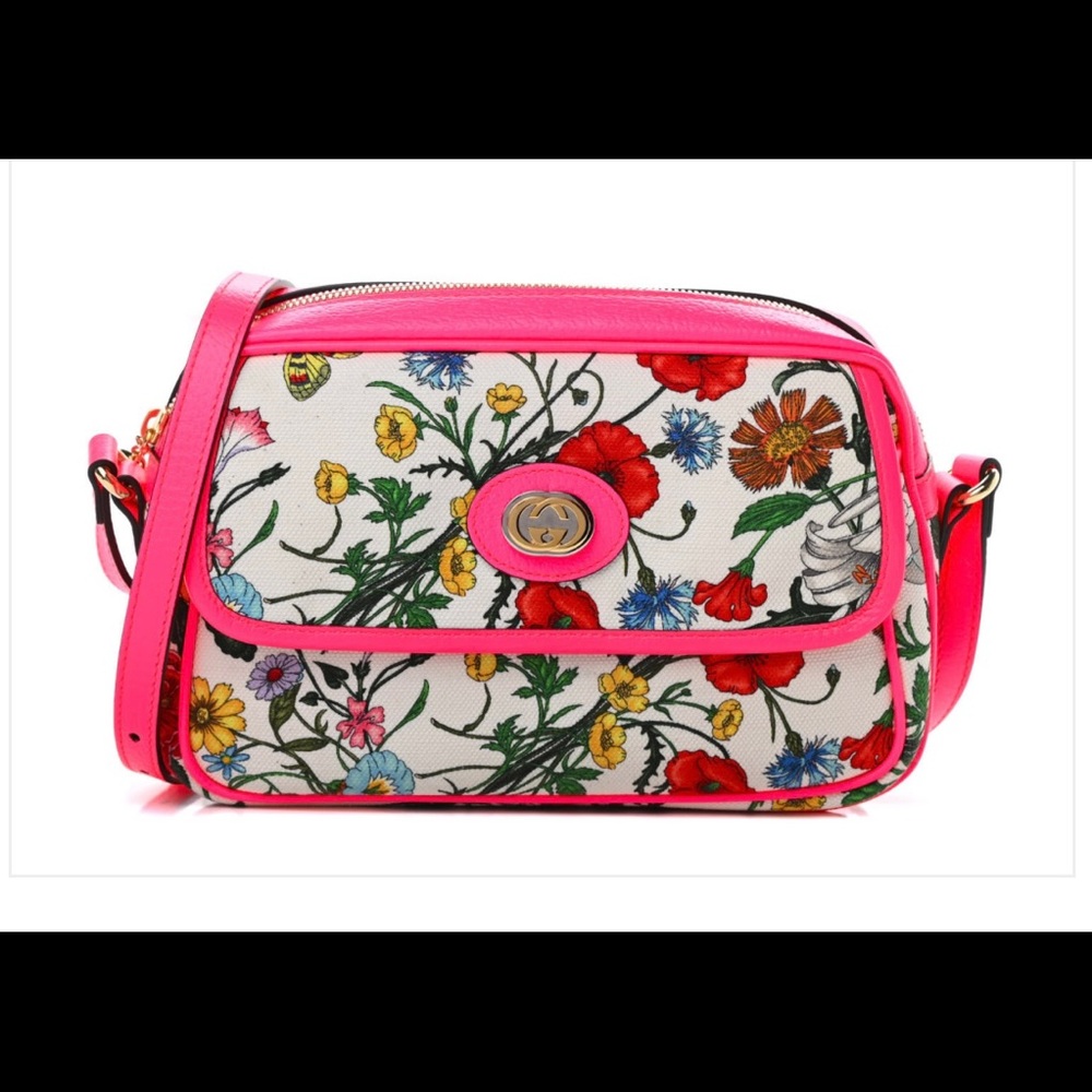 GUCCI Canvas Flora Floral Shoulder Bag White Fuchsia Fluo